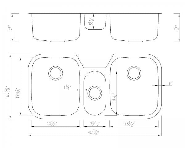 E2 Stainless 598 triple bowl stainless steel kitchen sink, Kohler K-3166-NA