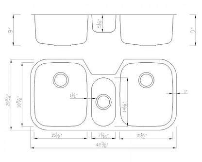 E2 Stainless 598 triple bowl stainless steel kitchen sink, Kohler K-3166-NA